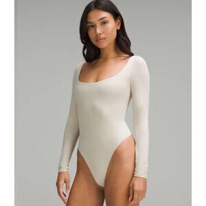 Lululemon Wundermost Bodysuit Large Tan Ultra Soft Nulu Square Neck Long Sleeve
